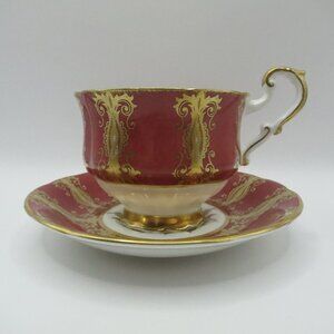 Paragon Teacup Saucer Pink Cabbage Rose Burgundy Gold Signed Reg Johnson England